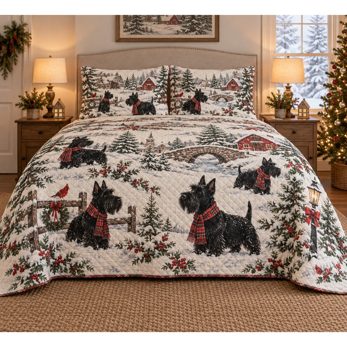 Scottish Terrier Vintage Postcards Christmas Quilt Set