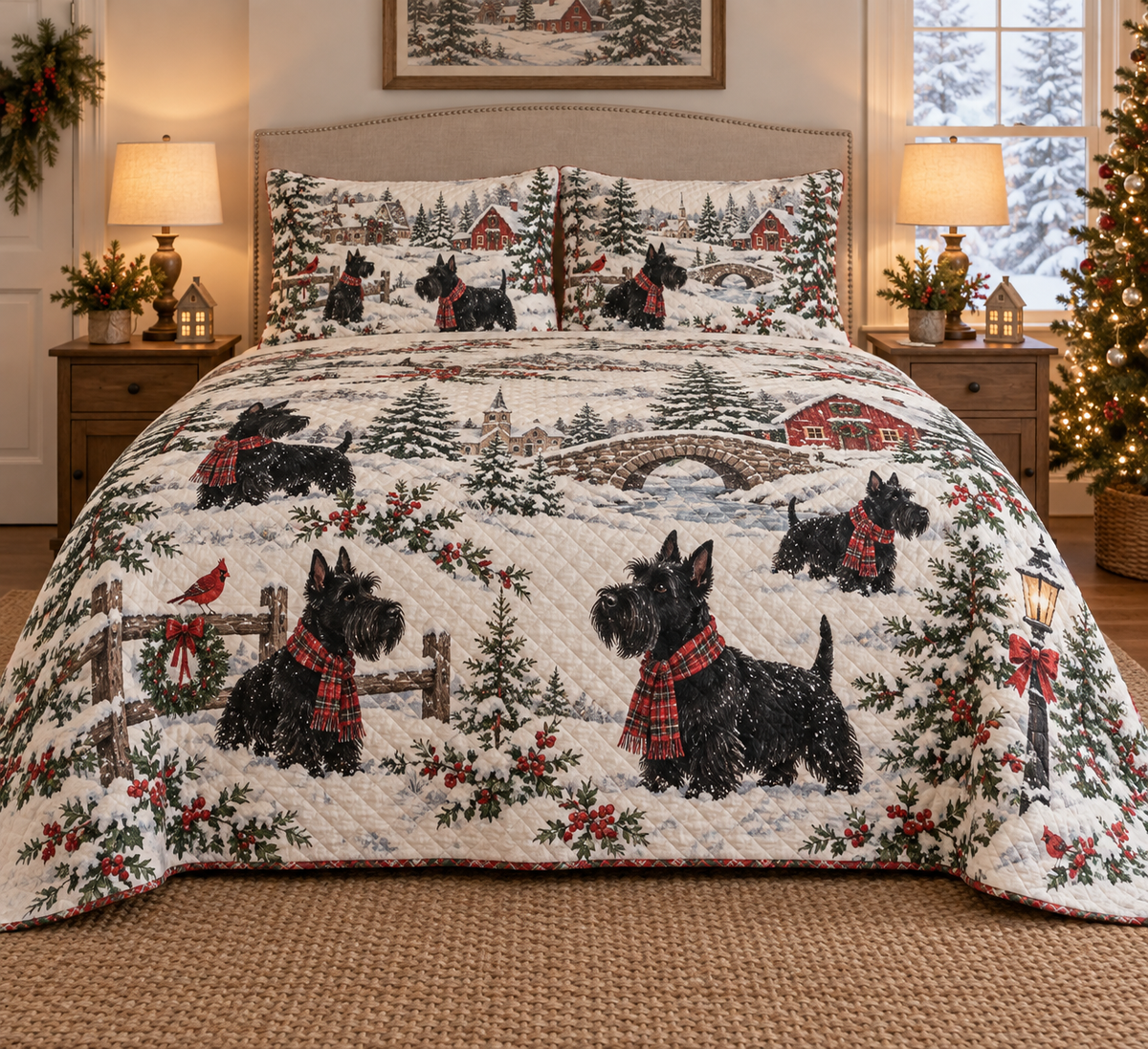 Scottish Terrier Vintage Postcards Christmas Quilt Set, front bedroom view