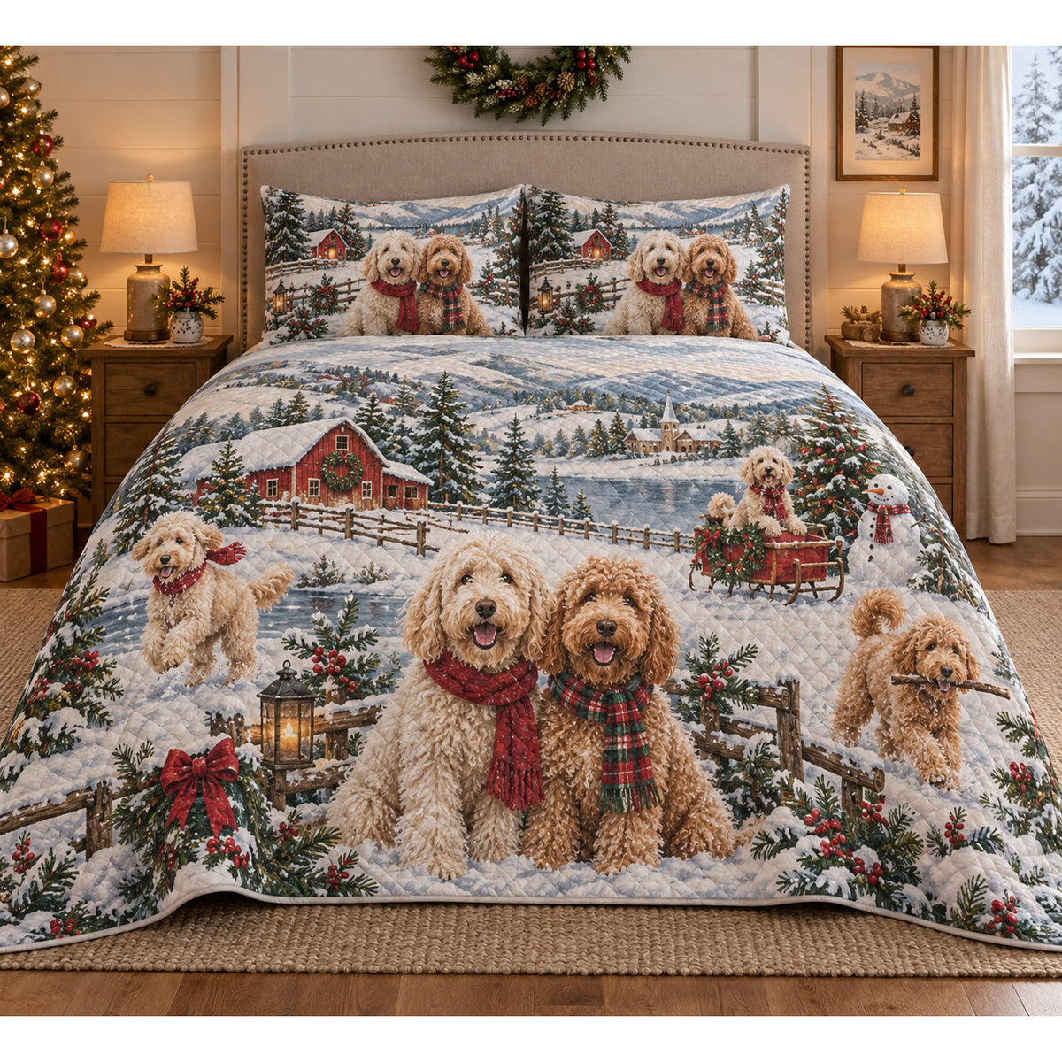 Labradoodle Vintage Postcards Christmas Quilt Set