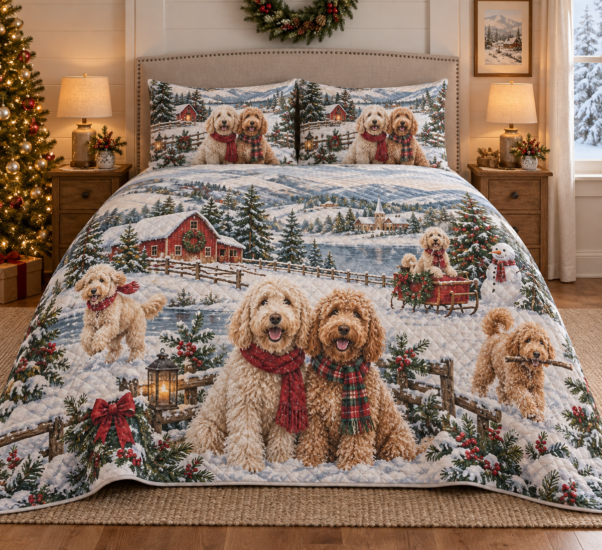Labradoodle Vintage Postcards Christmas Quilt Set, front bedroom view