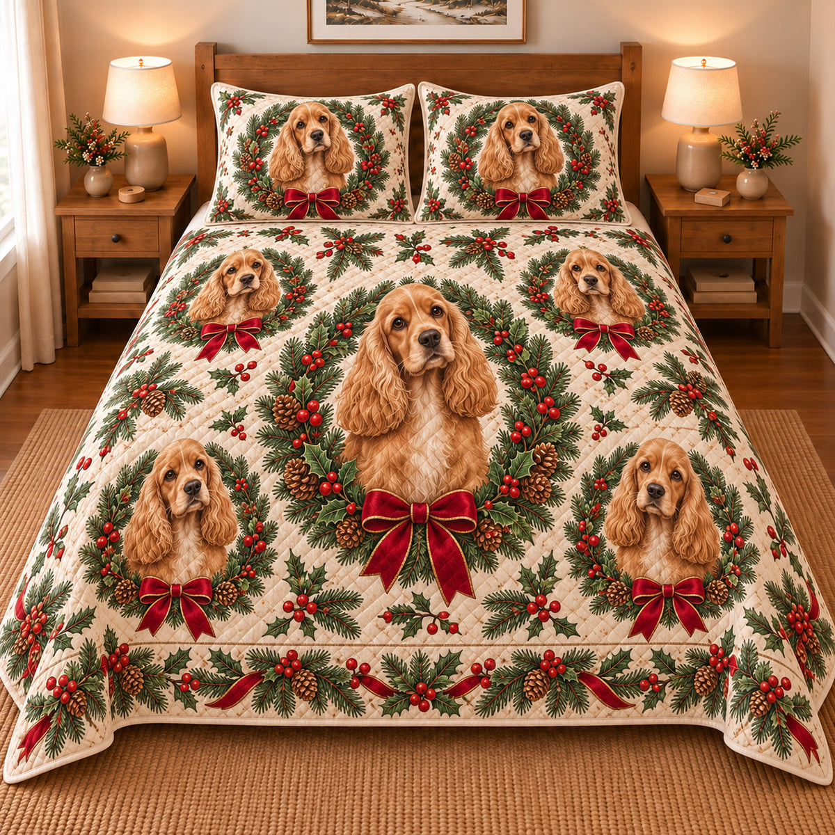 Cocker Spaniel Christmas Wreath Quilt Set
