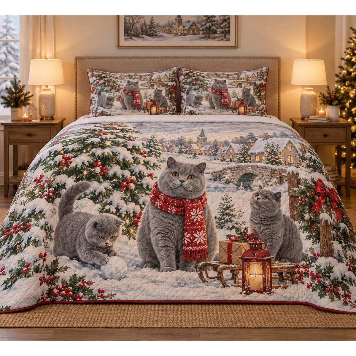British Shorthair Cat Vintage Postcards Christmas Quilt Set