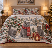 British Shorthair Cat Vintage Postcards Christmas Quilt Set, front bedroom view