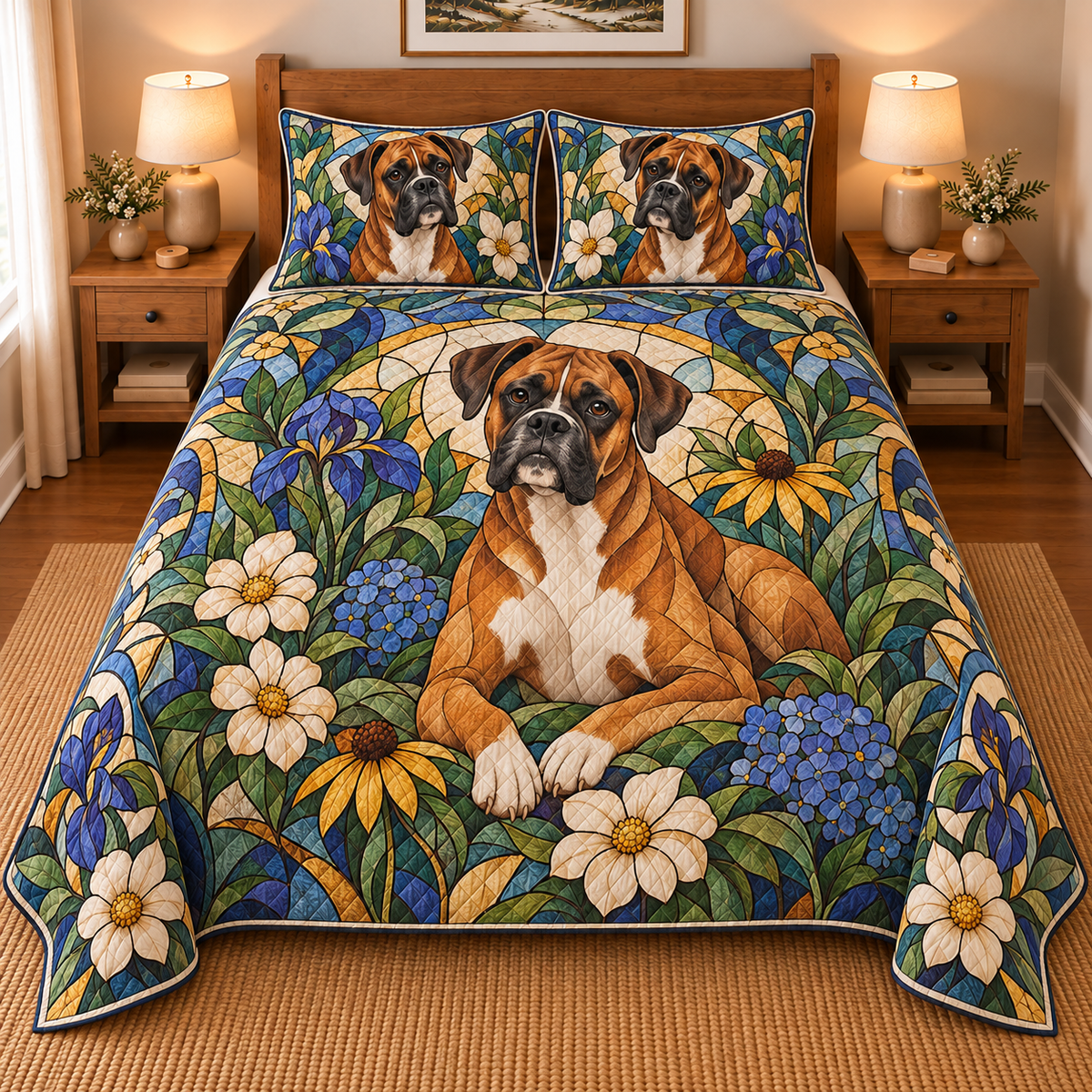 Boxer Garden Stained Glass Quilt Set, front bedroom view