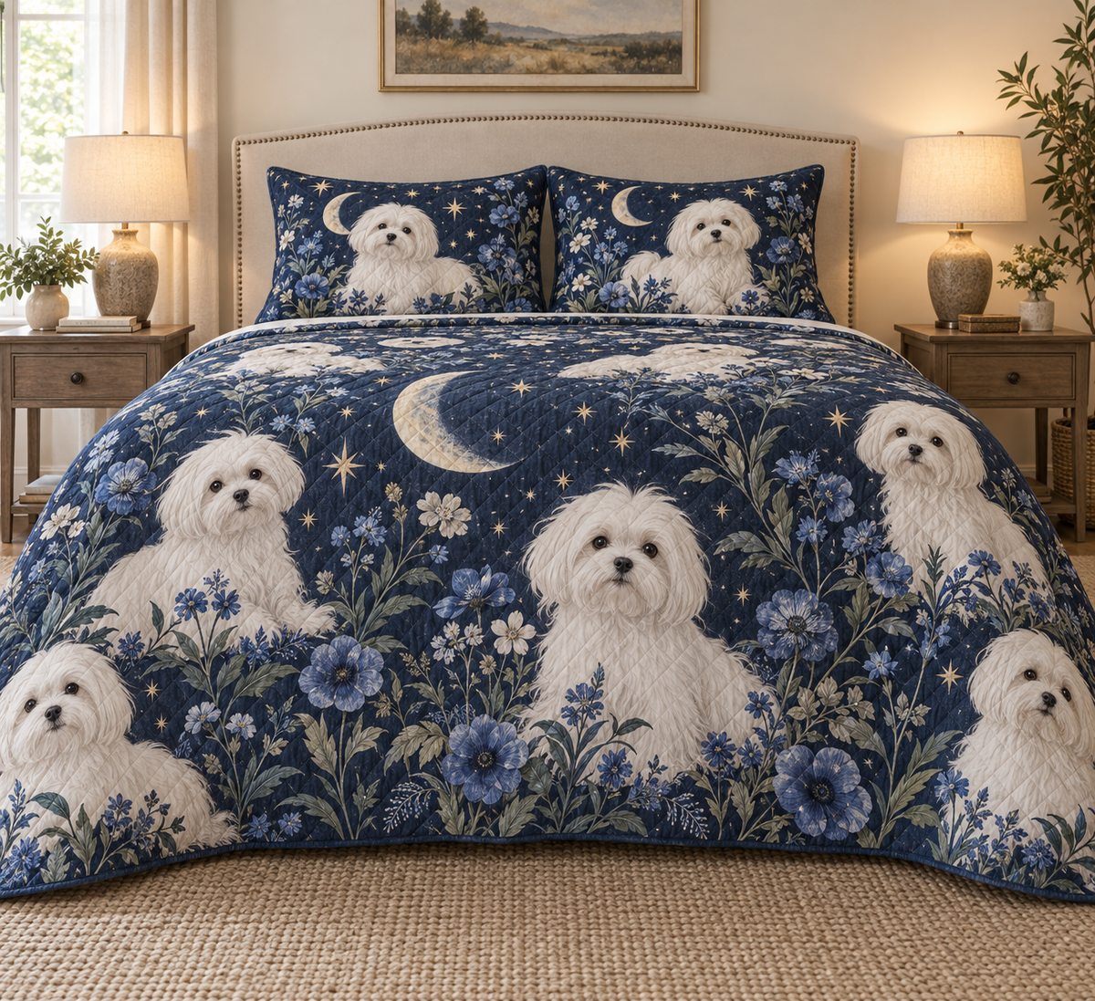 Maltese Celestial Night Quilt Set, front bedroom view