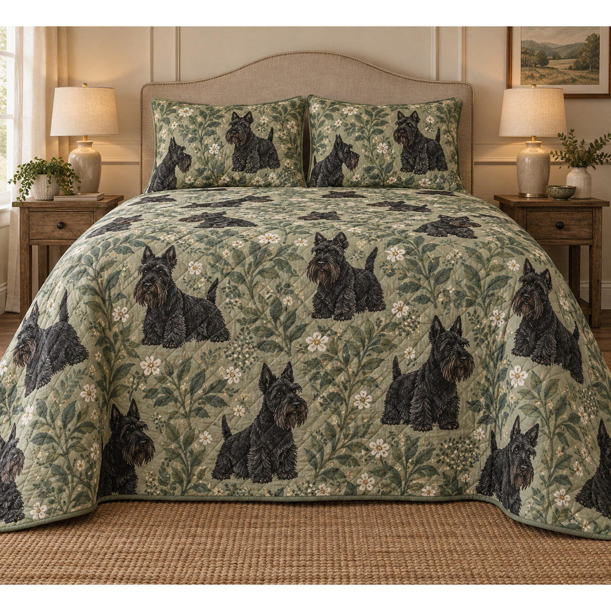 Scottish Terrier Spotted Botanical Quilt Set