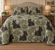 Scottish Terrier Spotted Botanical Quilt Set, front bedroom view