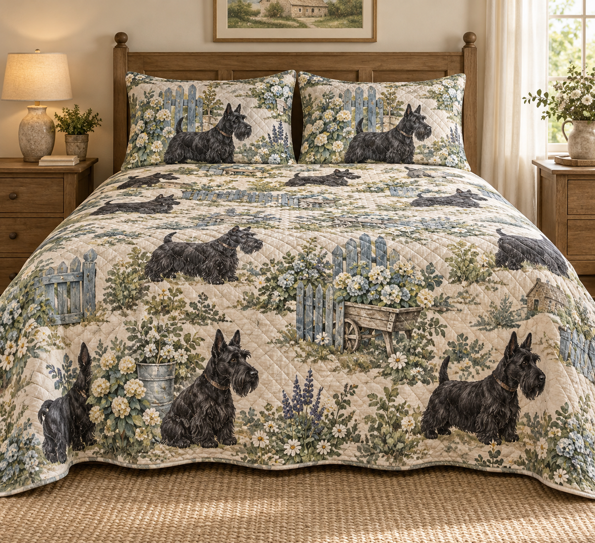 Scottish Terrier Rustic Farmhouse Quilt Set, front bedroom view