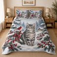 Gray Tabby Cat Snowy Watercolor Christmas Quilt Set