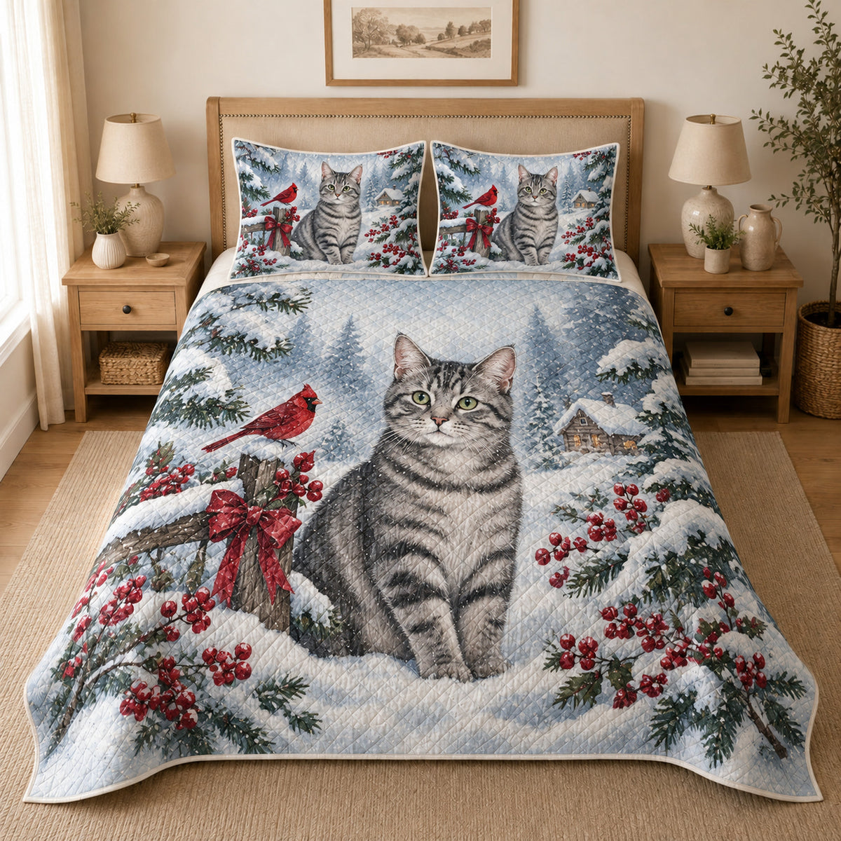 Gray Tabby Cat Snowy Watercolor Christmas Quilt Set, reference-form bedroom view