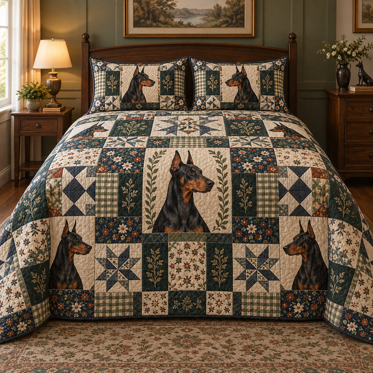 Doberman Pinscher Heritage Patchwork Quilt Set