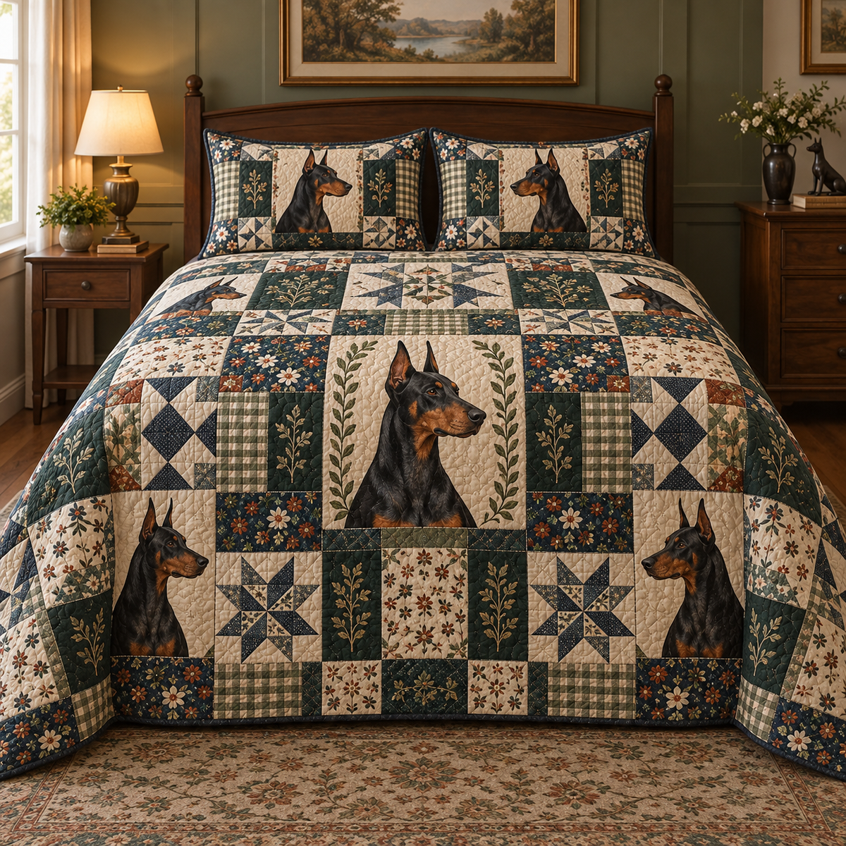 Doberman Pinscher Heritage Patchwork Quilt Set, front bedroom view