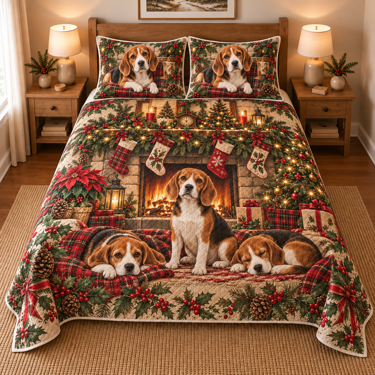 Beagle Stocking Mantel Christmas Quilt Set, front bedroom view
