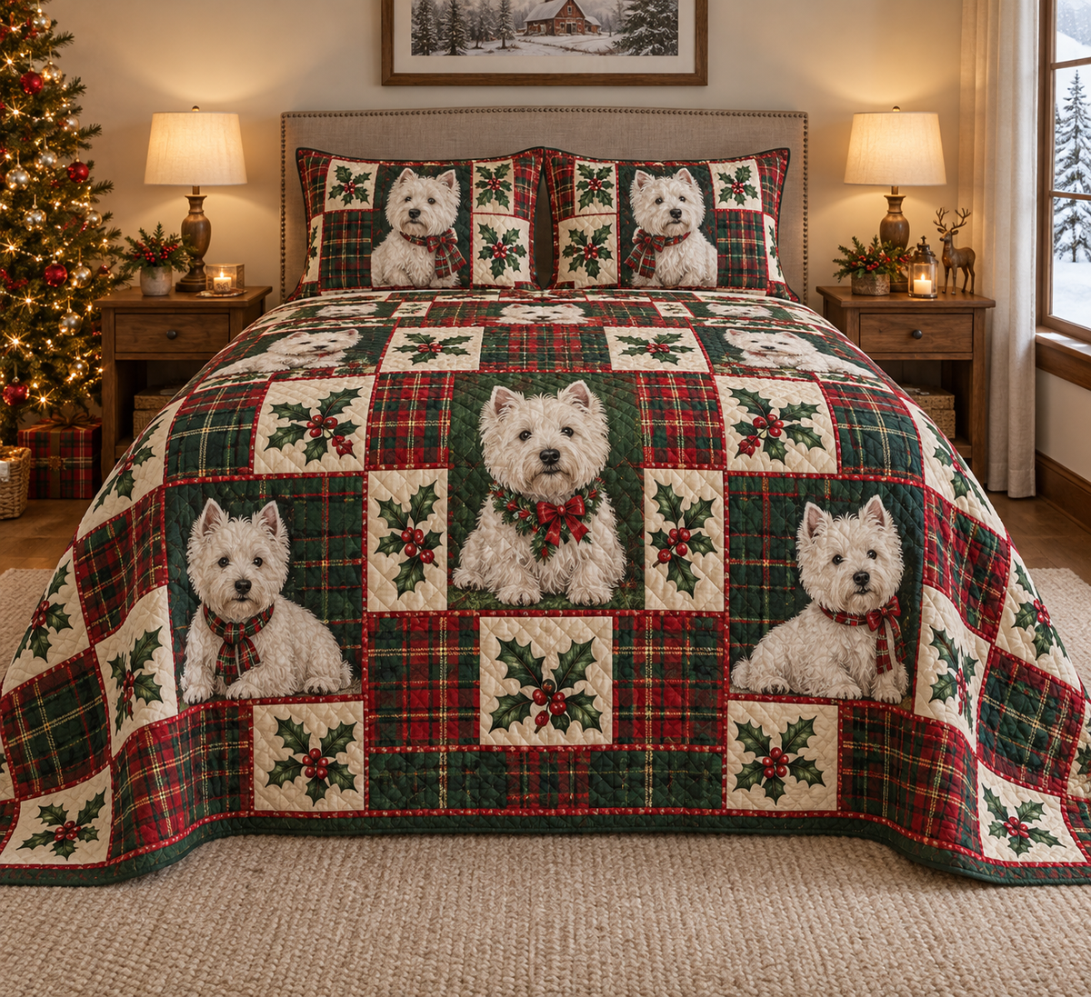 West Highland White Terrier Heritage Tartan Christmas Quilt Set, front bedroom view