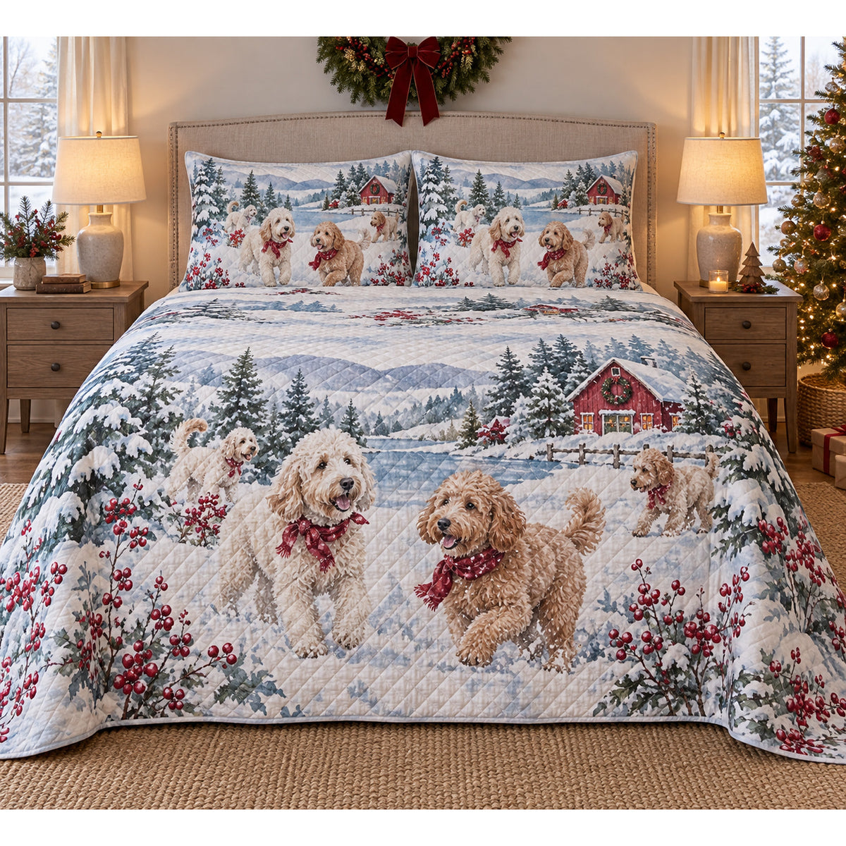 Labradoodle Snowy Watercolor Christmas Quilt Set