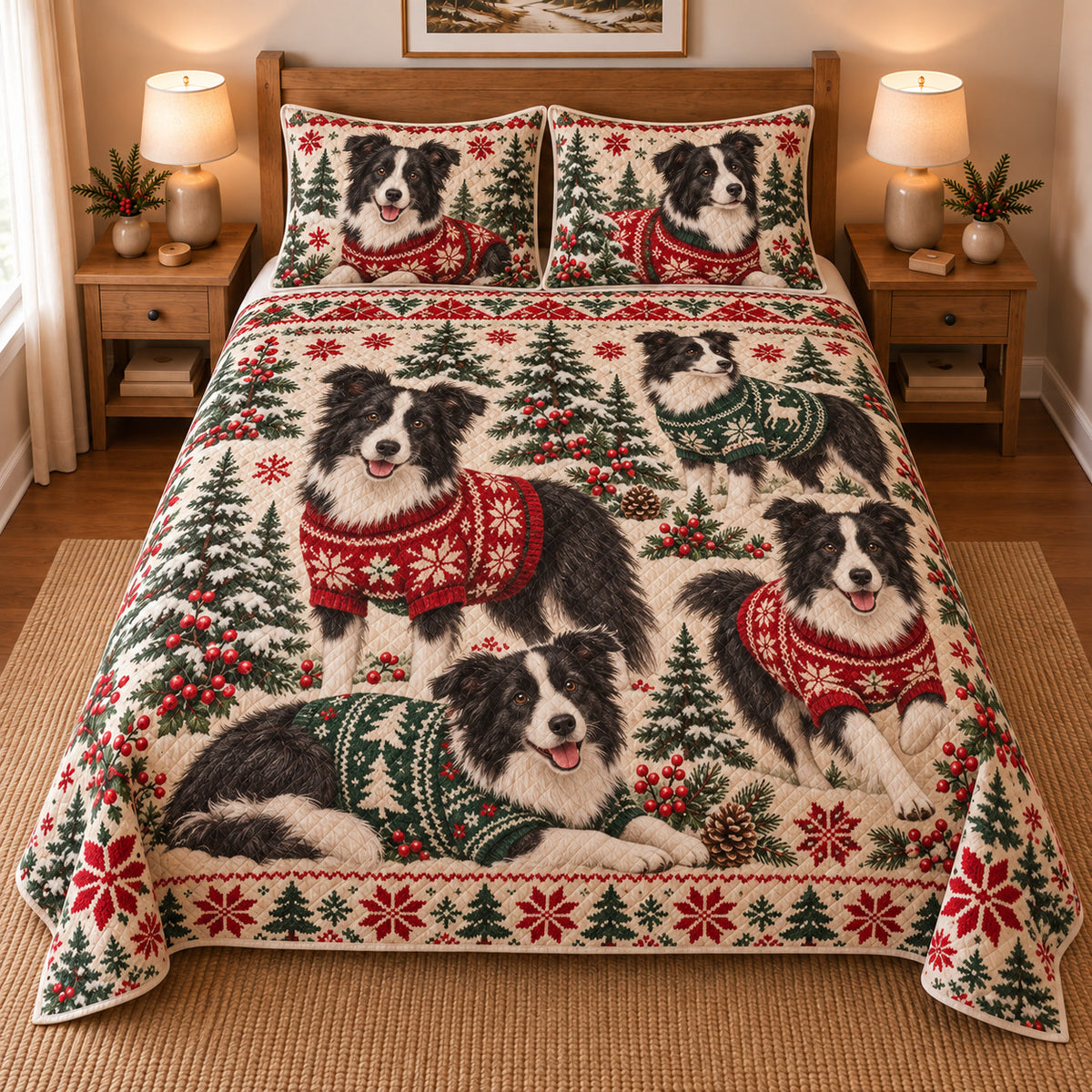 Border Collie Cozy Christmas Sweater Quilt Set