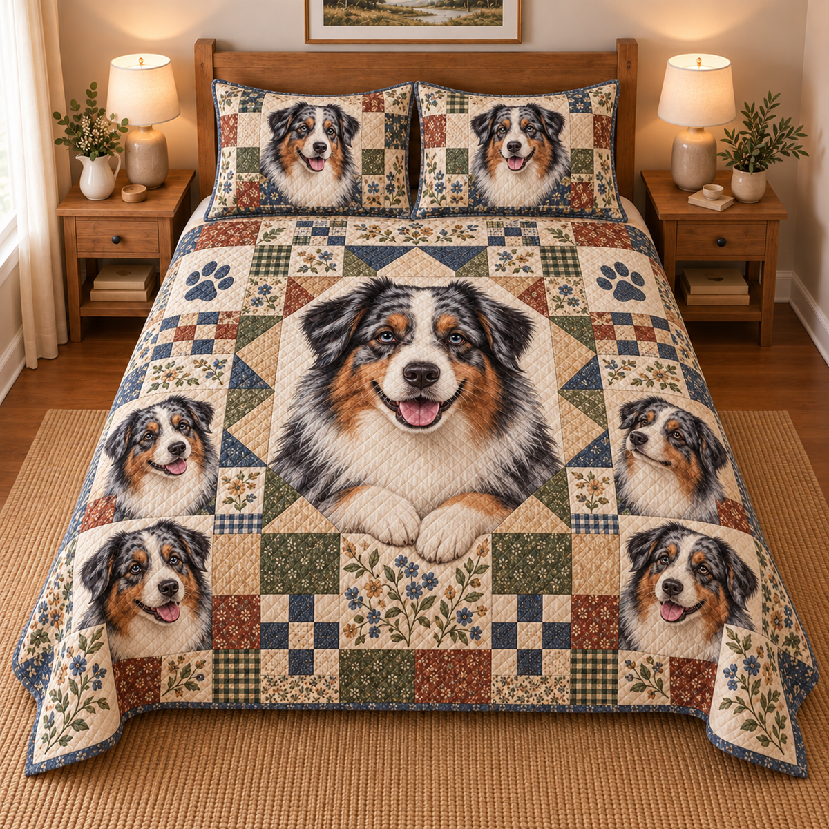 Australian Shepherd Heritage Patchwork Quilt Set, front bedroom view