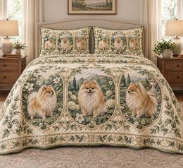 Pomeranian Garden Cameos Quilt Set