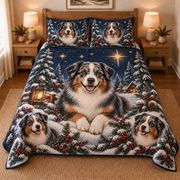 Australian Shepherd Starlit Christmas Forest Quilt Set, front bedroom view