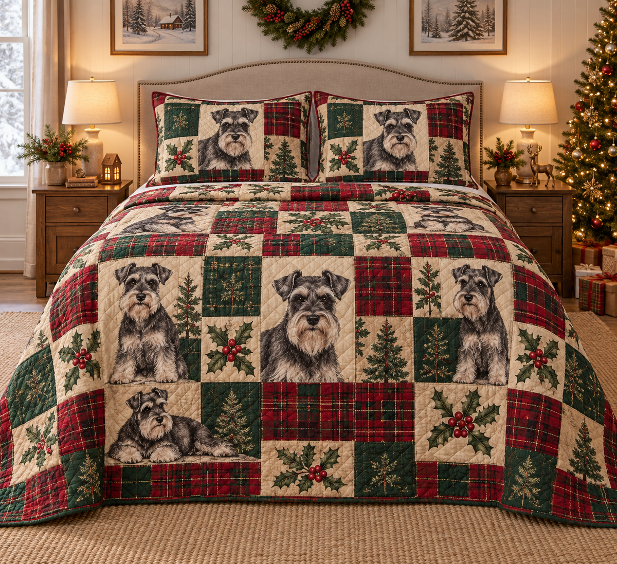 Schnauzer Heritage Tartan Christmas Quilt Set, front bedroom view
