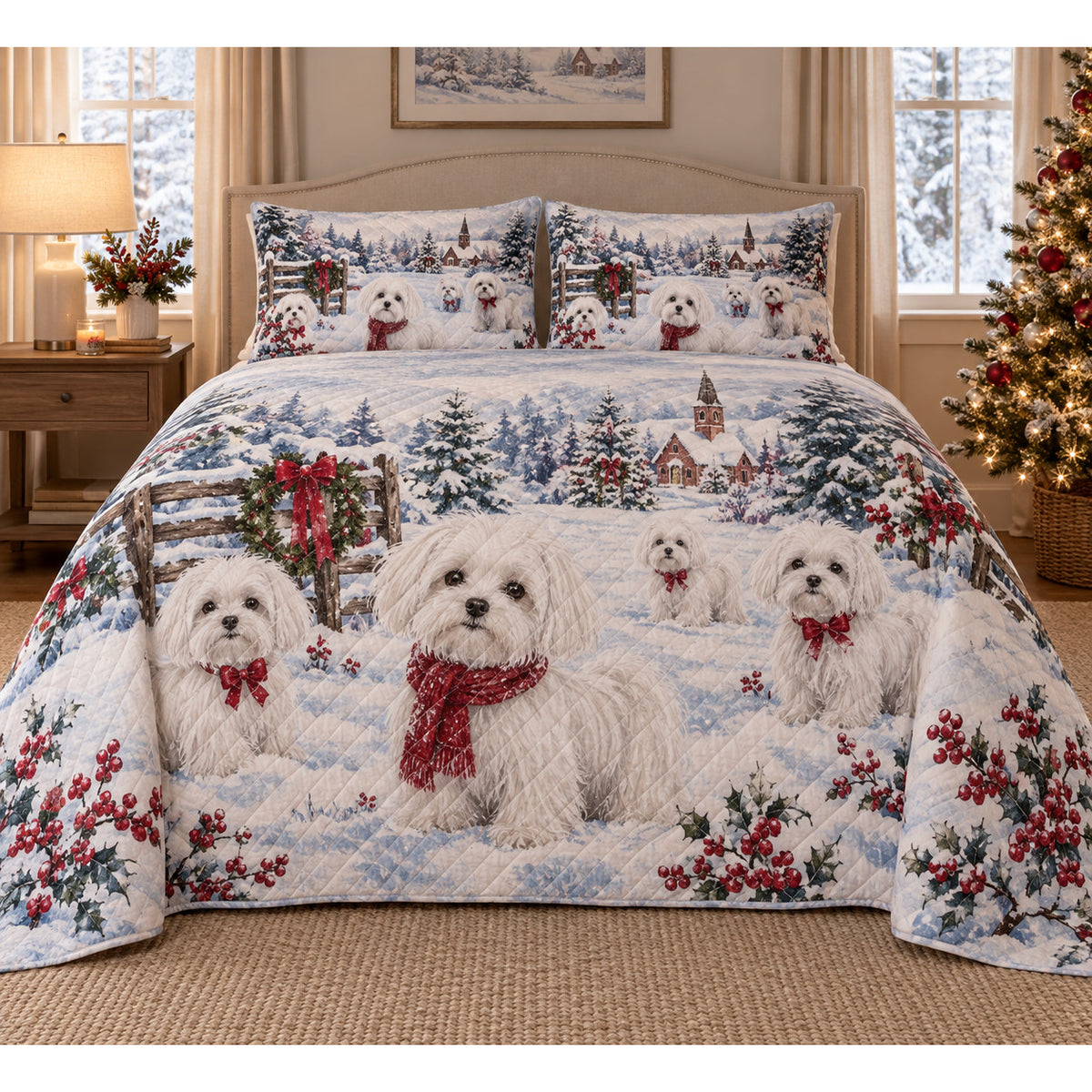 Maltese Snowy Watercolor Christmas Quilt Set