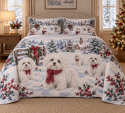 Maltese Snowy Watercolor Christmas Quilt Set, front bedroom view
