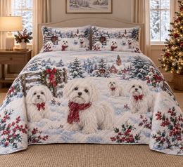 Maltese Snowy Watercolor Christmas Quilt Set
