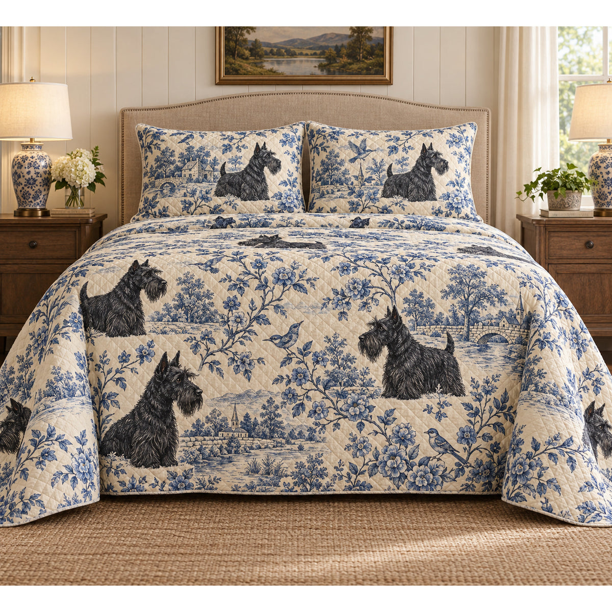 Scottish Terrier Blue Country Toile Quilt Set