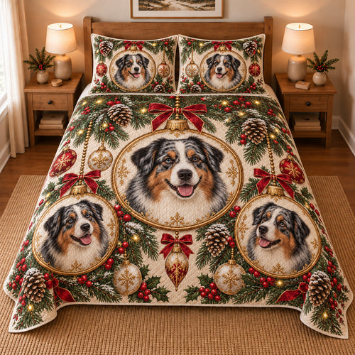 Australian Shepherd Ornament Medallions Christmas Quilt Set, front bedroom view