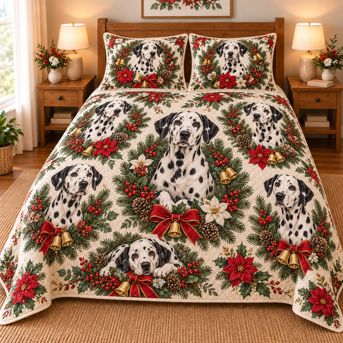 Dalmatian Christmas Wreath Quilt Set, front bedroom view