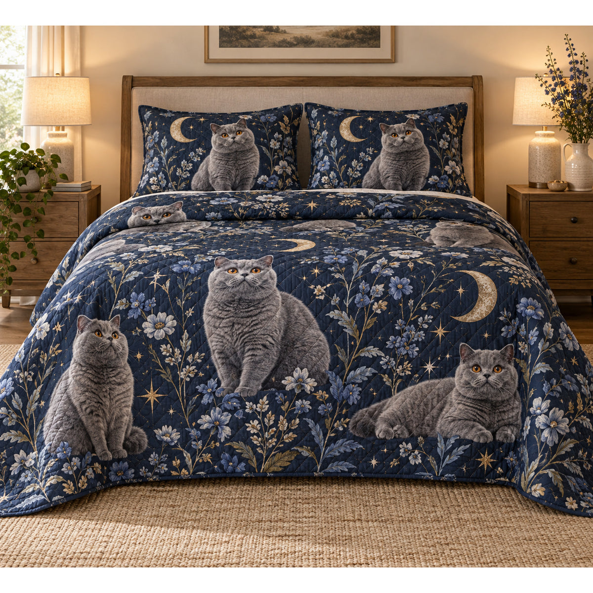 British Shorthair Cat Celestial Night Quilt Set