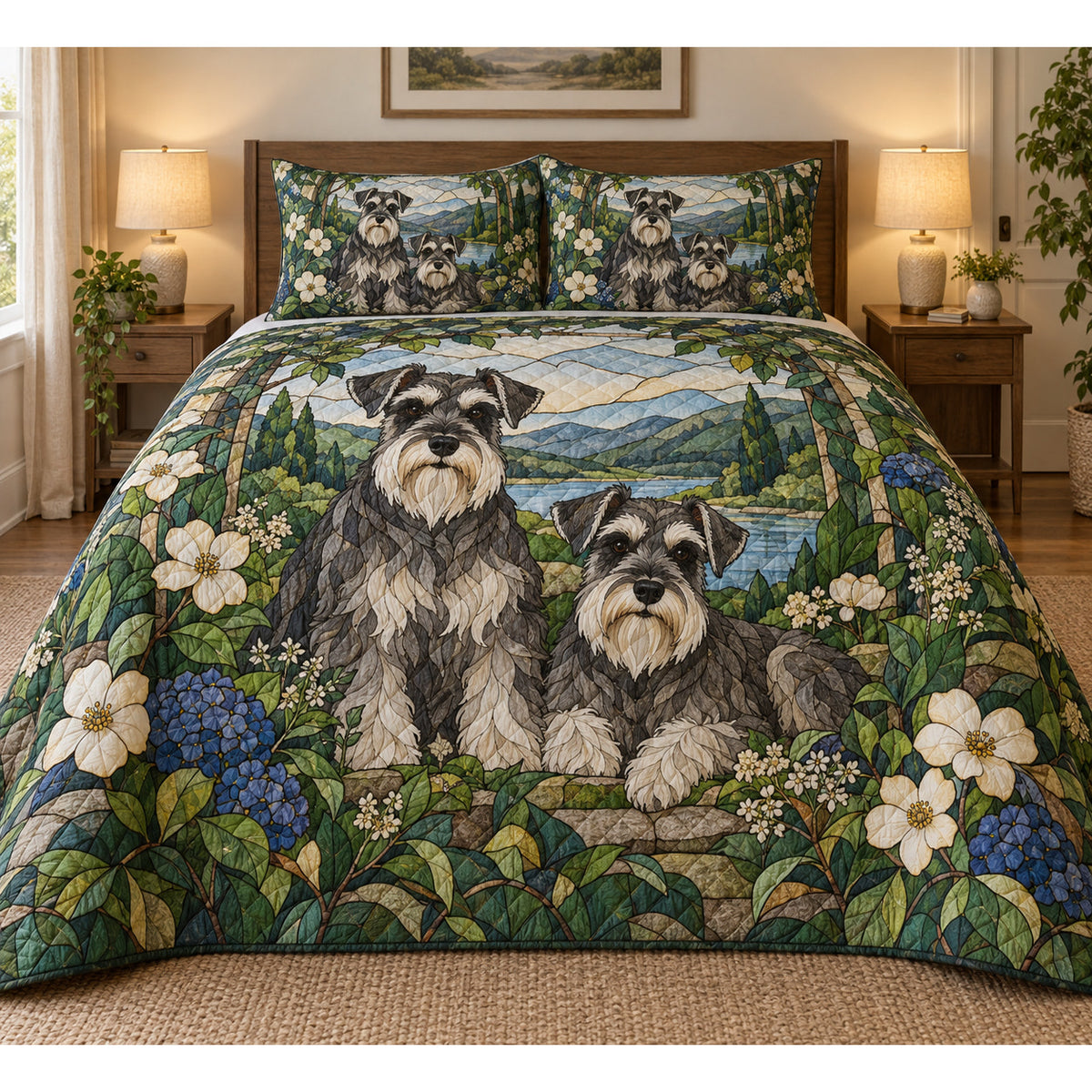 Schnauzer Garden Stained Glass Quilt Set