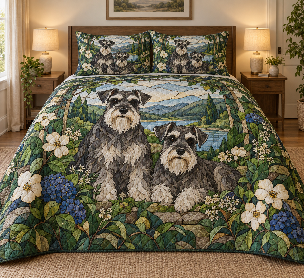 Schnauzer Garden Stained Glass Quilt Set, front bedroom view