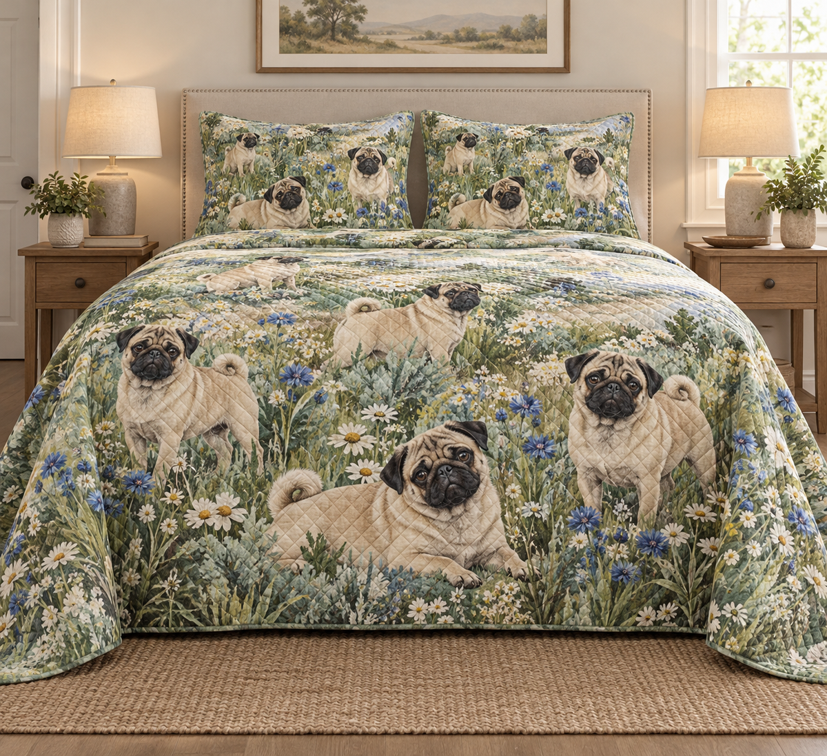 Pug Wildflower Meadow Quilt Set, front bedroom view