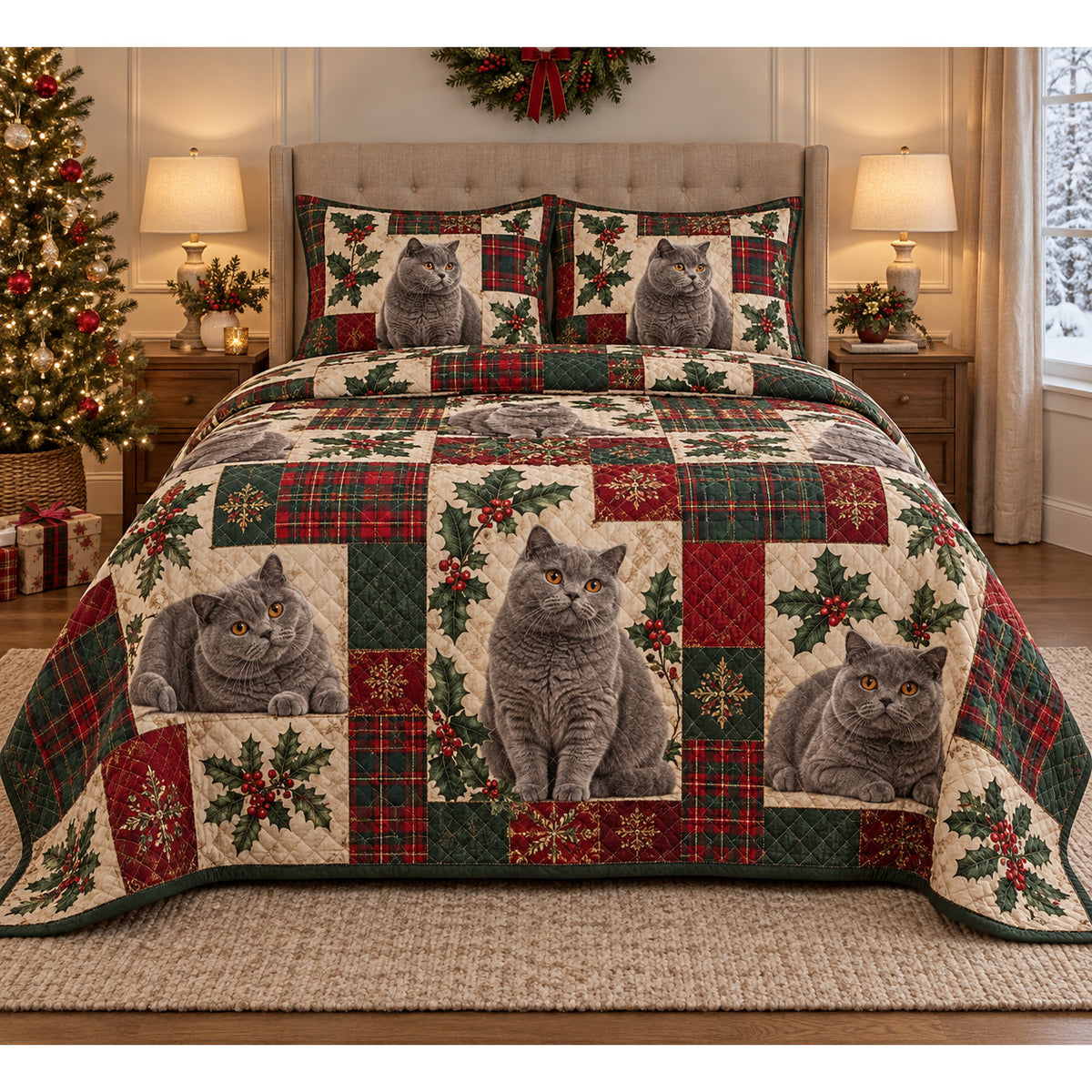 British Shorthair Cat Heritage Tartan Christmas Quilt Set