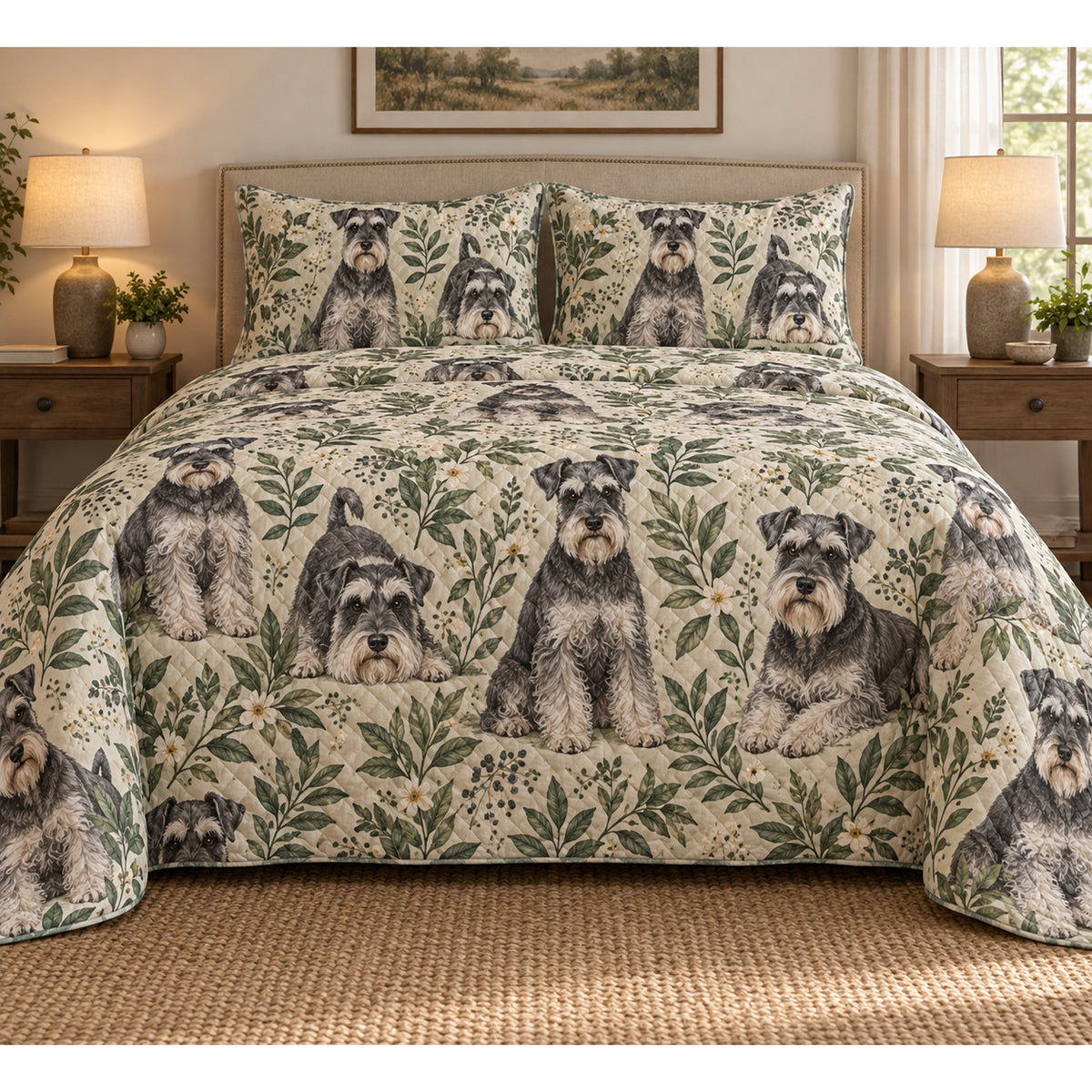Schnauzer Spotted Botanical Quilt Set