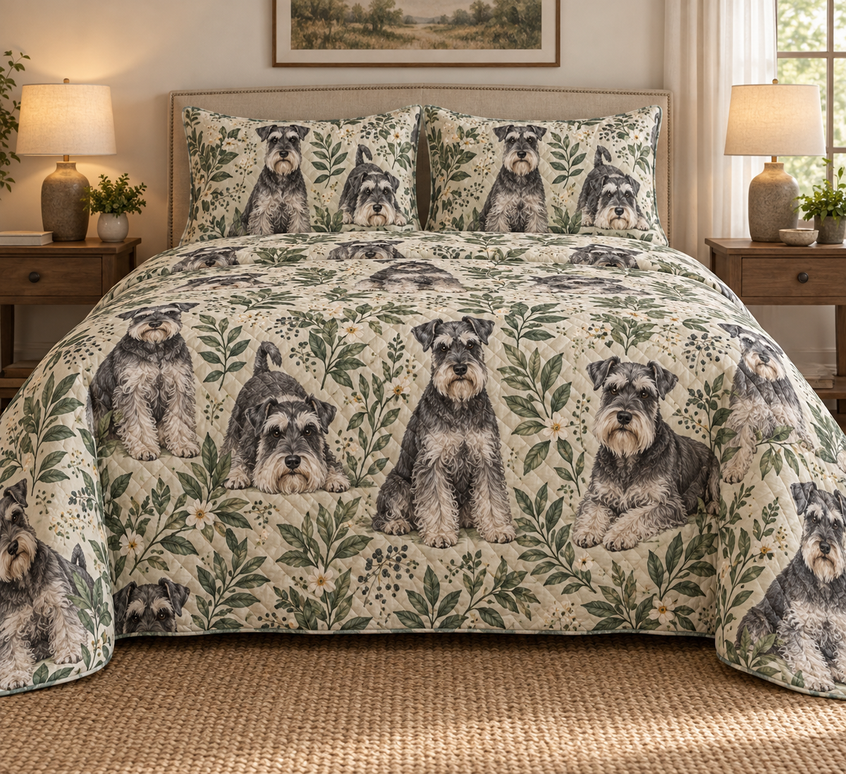 Schnauzer Spotted Botanical Quilt Set, front bedroom view
