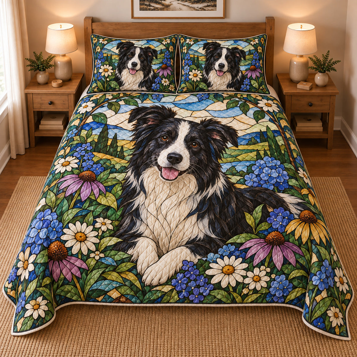 Border Collie Garden Stained Glass Quilt Set