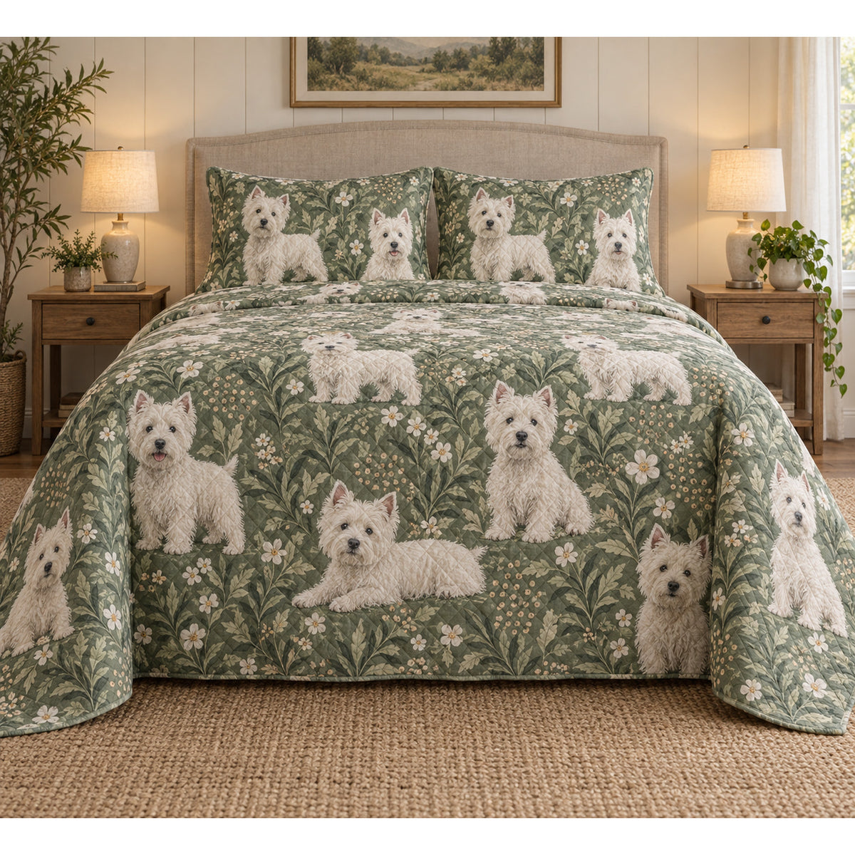 West Highland White Terrier Spotted Botanical Quilt Set