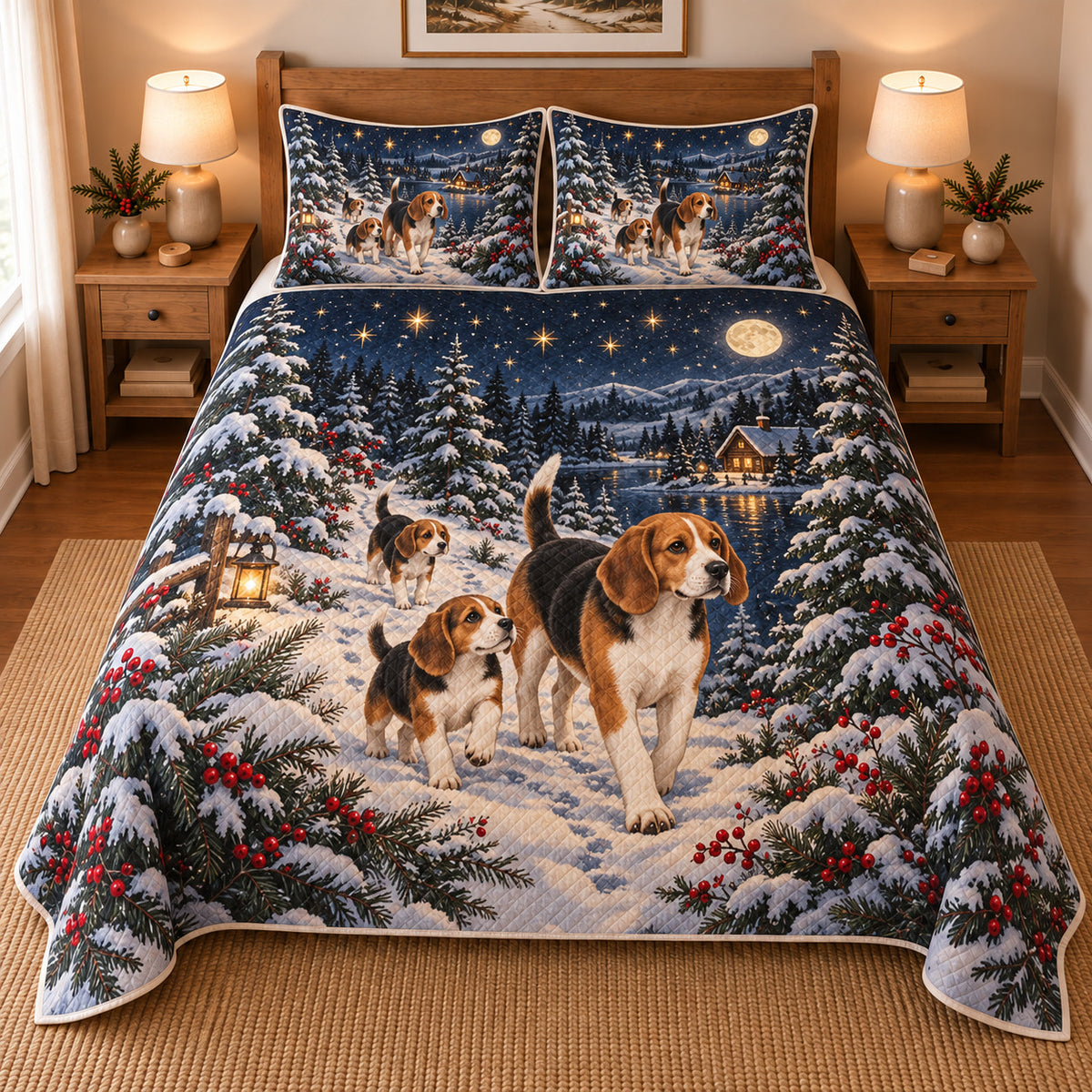 Beagle Starlit Christmas Forest Quilt Set