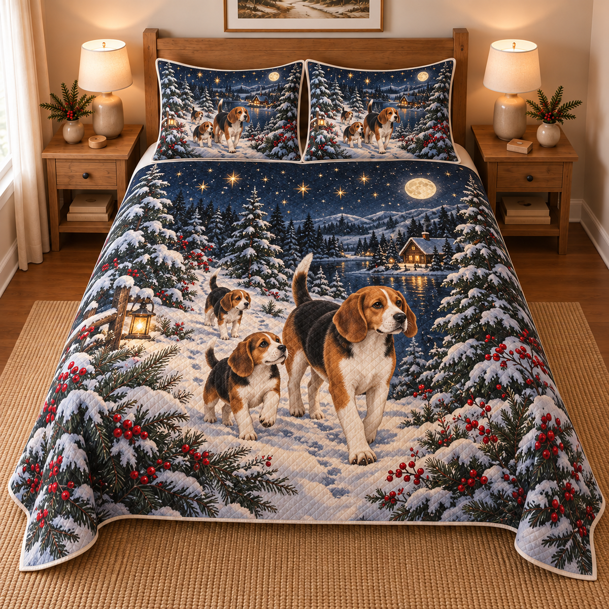 Beagle Starlit Christmas Forest Quilt Set, front bedroom view