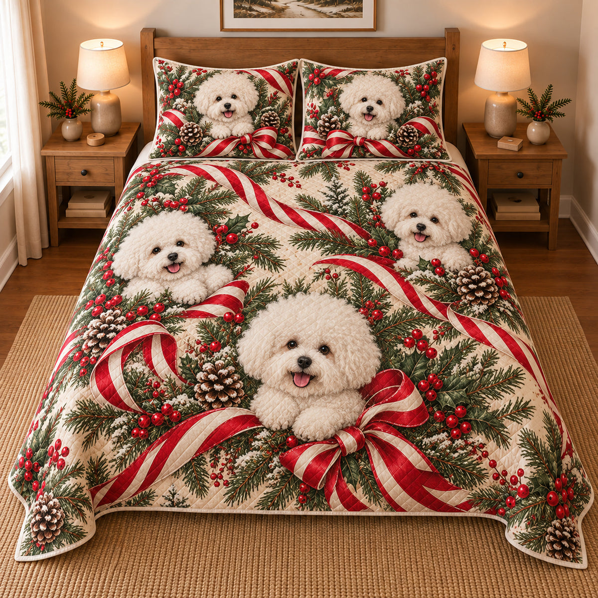 Bichon Frise Peppermint Ribbons Christmas Quilt Set