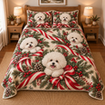 Bichon Frise Peppermint Ribbons Christmas Quilt Set
