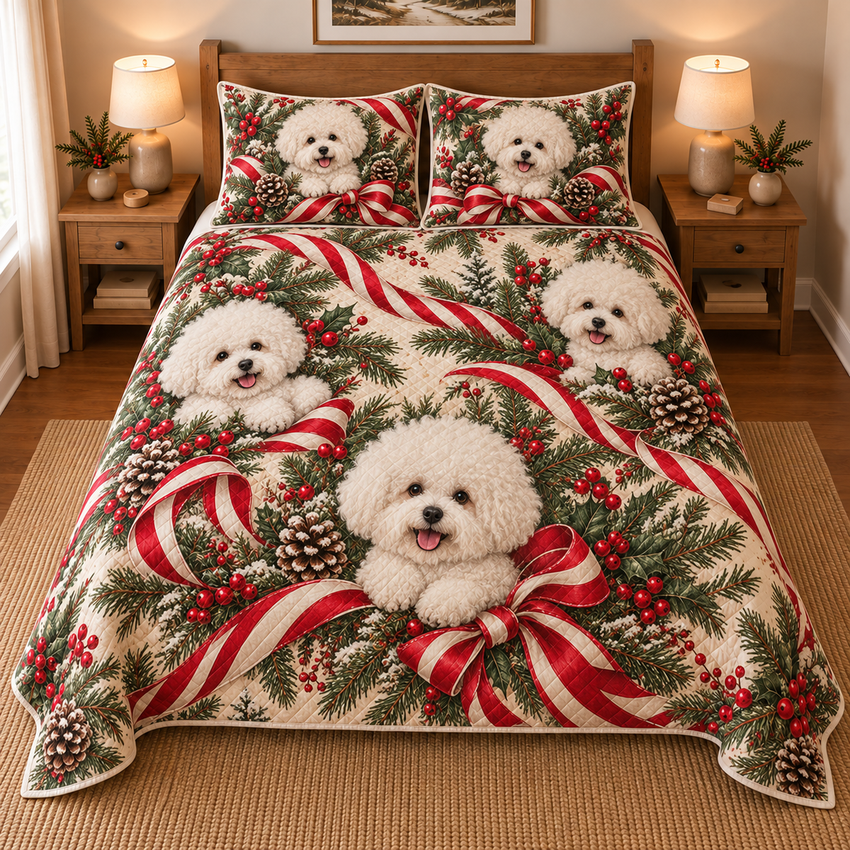Bichon Frise Peppermint Ribbons Christmas Quilt Set, front bedroom view