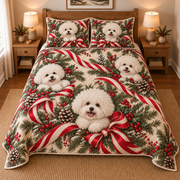 Bichon Frise Peppermint Ribbons Christmas Quilt Set, front bedroom view