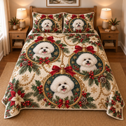 Bichon Frise Ornament Medallions Christmas Quilt Set, front bedroom view