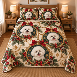 Bichon Frise Ornament Medallions Christmas Quilt Set