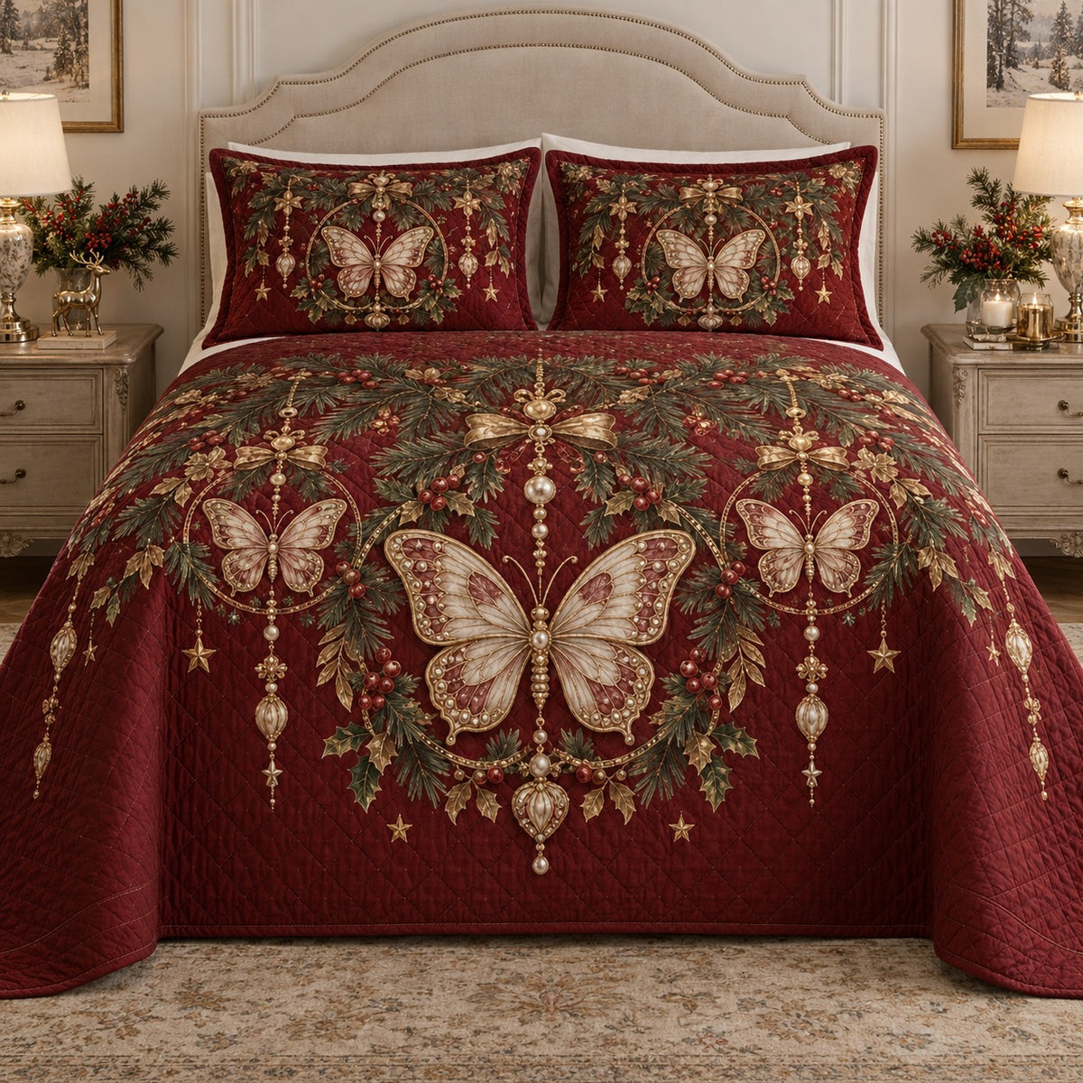 Christmas Ornament Butterflies Quilt Set, front butterfly bedroom view