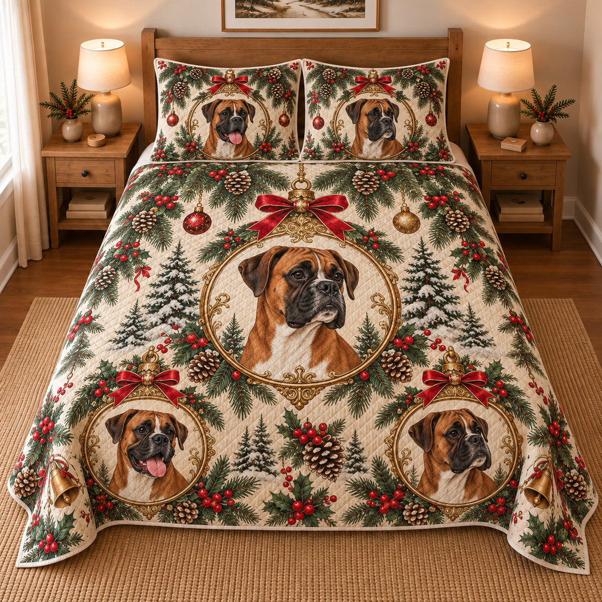 Boxer Ornament Medallions Christmas Quilt Set