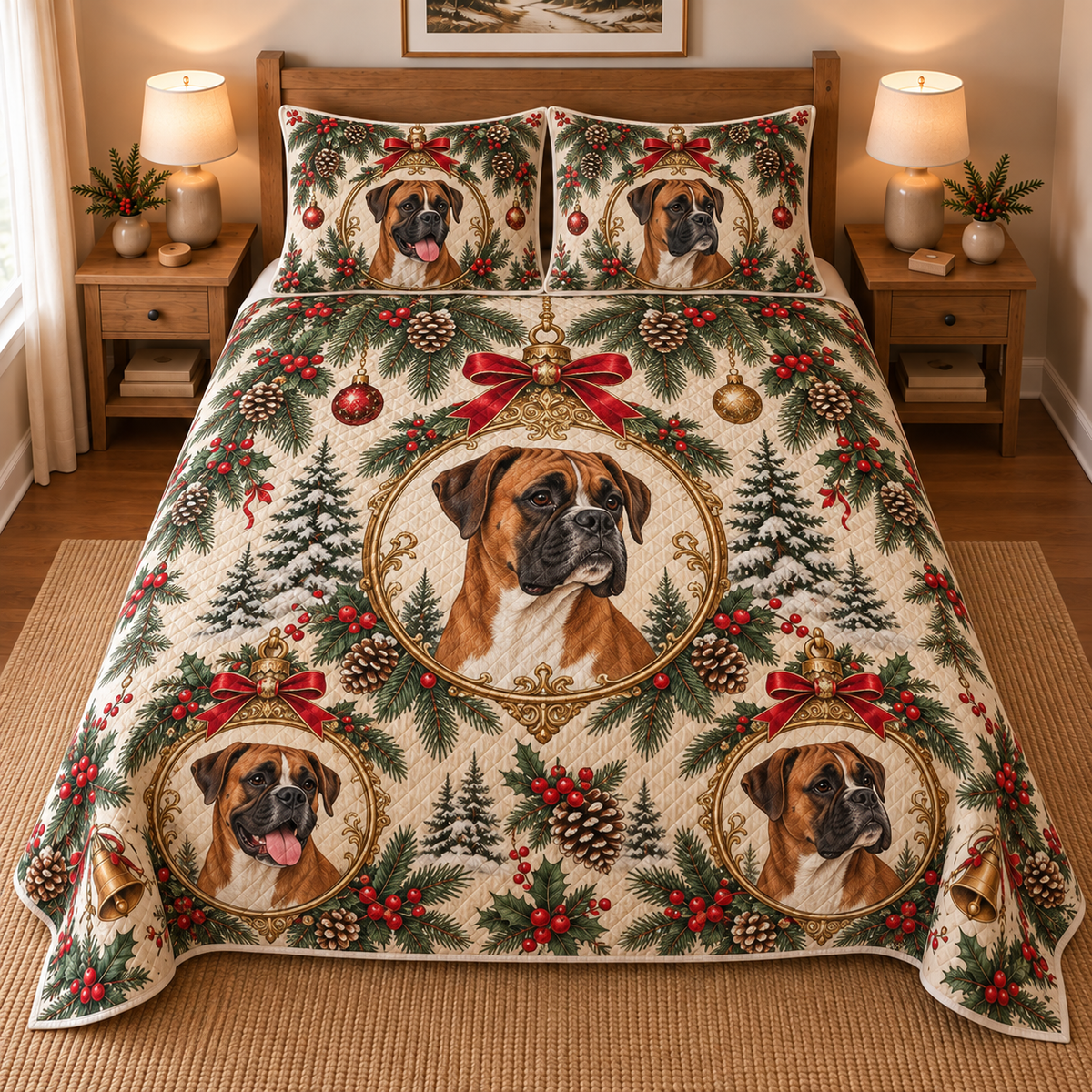 Boxer Ornament Medallions Christmas Quilt Set, front bedroom view